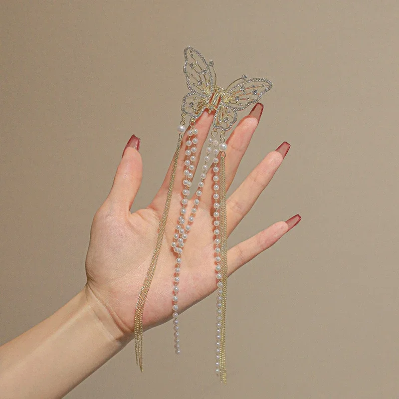 Exquisite Rhinestone Butterfly Fringe Hair Claw Korean New Ponytail Braid Pearl Hair Clip Girl Crab Metal Headdress Gift