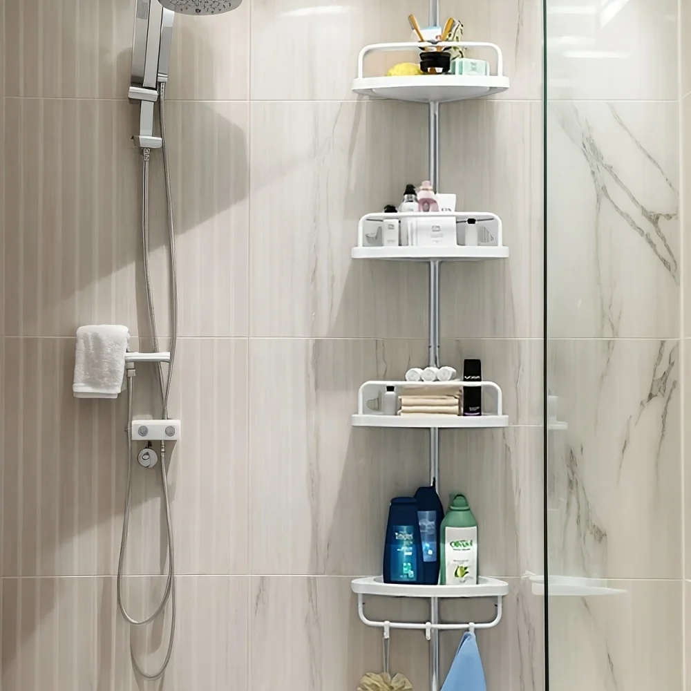4-Tier Expandable And Adjustable Corner Bathroom Shelf Organizer with Swivel Towel Bar – No Drill  Space-Saving Storage Unit