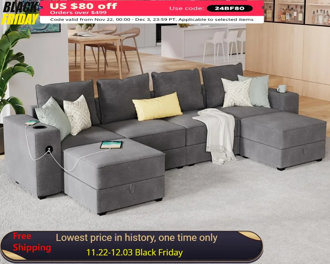 Sectional Sofa with 2 USB Ports & Cup Holders 6 Seats U Shaped Couch with Storage 6 Pieces Set Sectional Couch Gray Sofa Couch