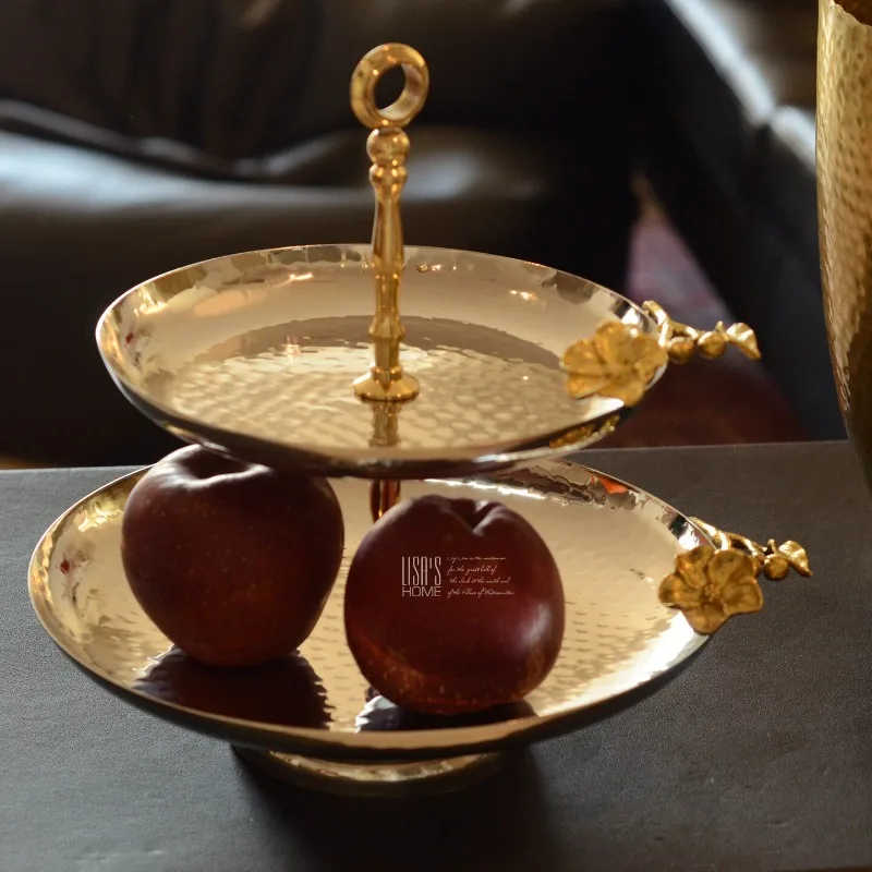 Retro style brass double-layer fruit plate entrance storage plate light luxury real estate model room furnishings
