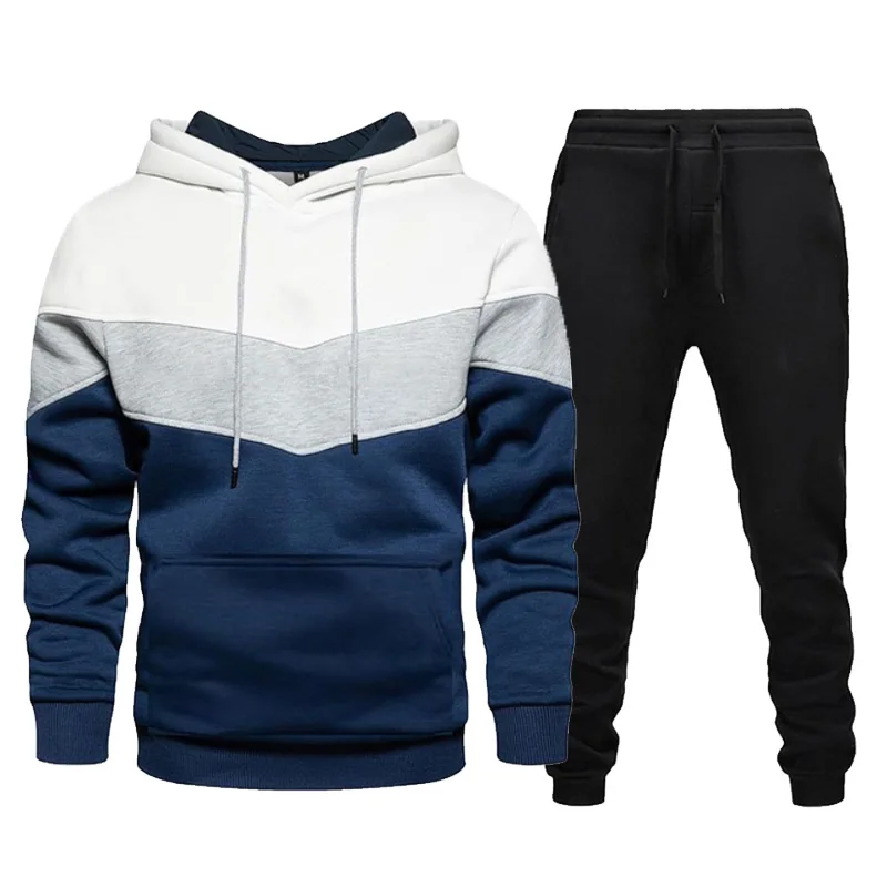 Men\'s Tracksuits Patchwork Hoodie Sweater and Pants 2 Pieces Set Casual Loose Fleece Warm Streetwear Male Fashion Sportswear