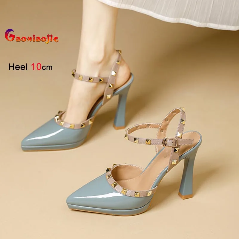 

New High Heels Women's Sandals Fashion Pointed Toe Rivet One Word Strap Closed-toe Sandals Sexy Stiletto Commuting Single Shoes