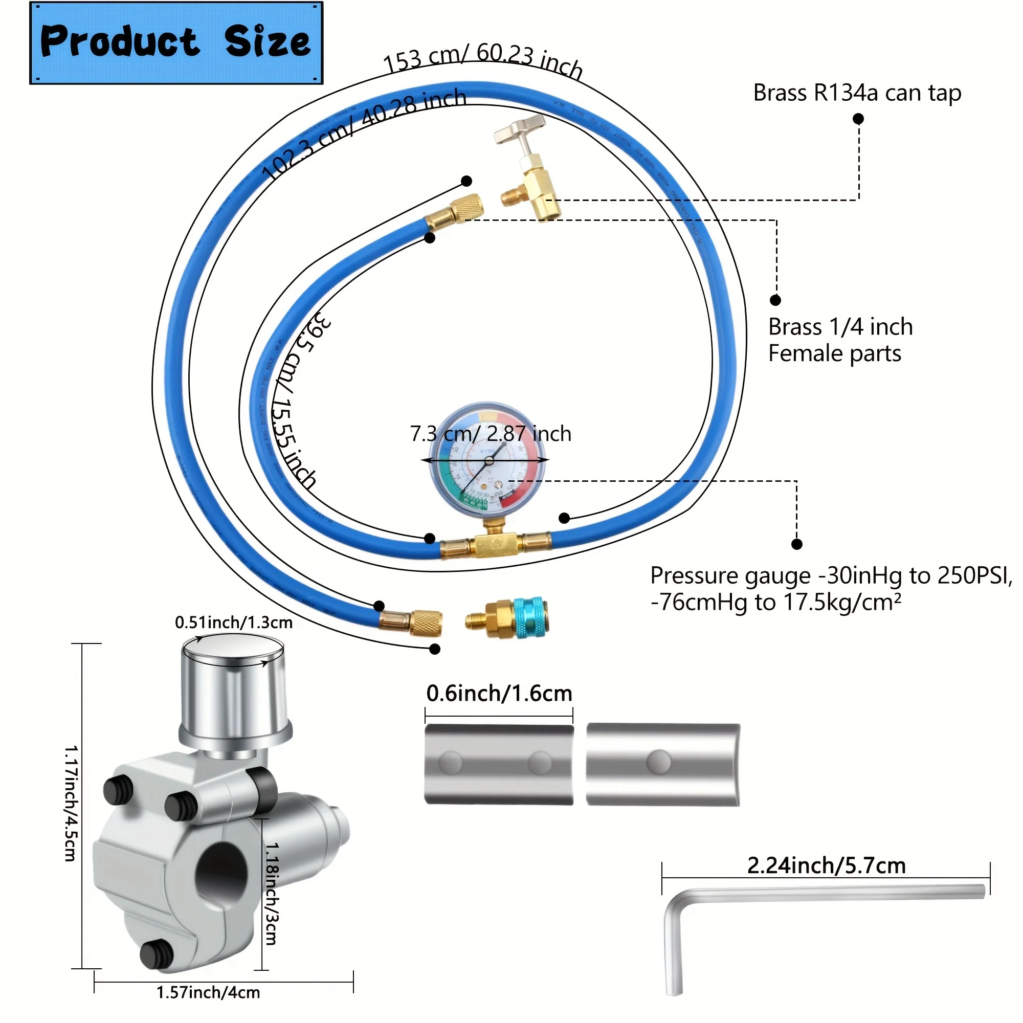

R134A R12 R22 AC Refrigerant Recharge Hose kit with Gauge and BPV31 Bullet Piercing Tap Valve,R134a Can Tap Valves,Quick Coupler