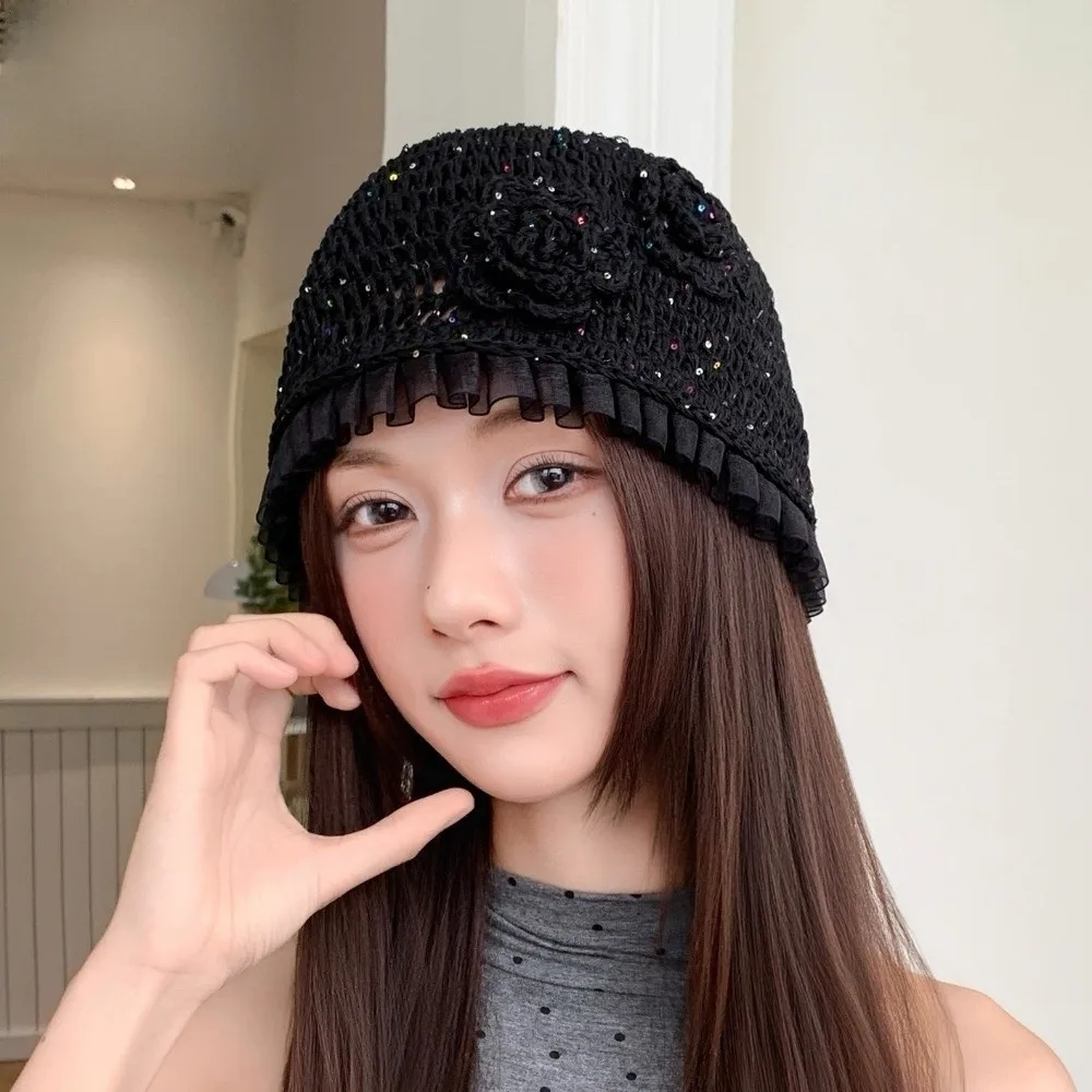 Retro handgemaakte gehaakte bloemenhoed glitter bling bling kant mutsen hoed uitgehold Koreaanse pailletten gebreide muts lente en zomer