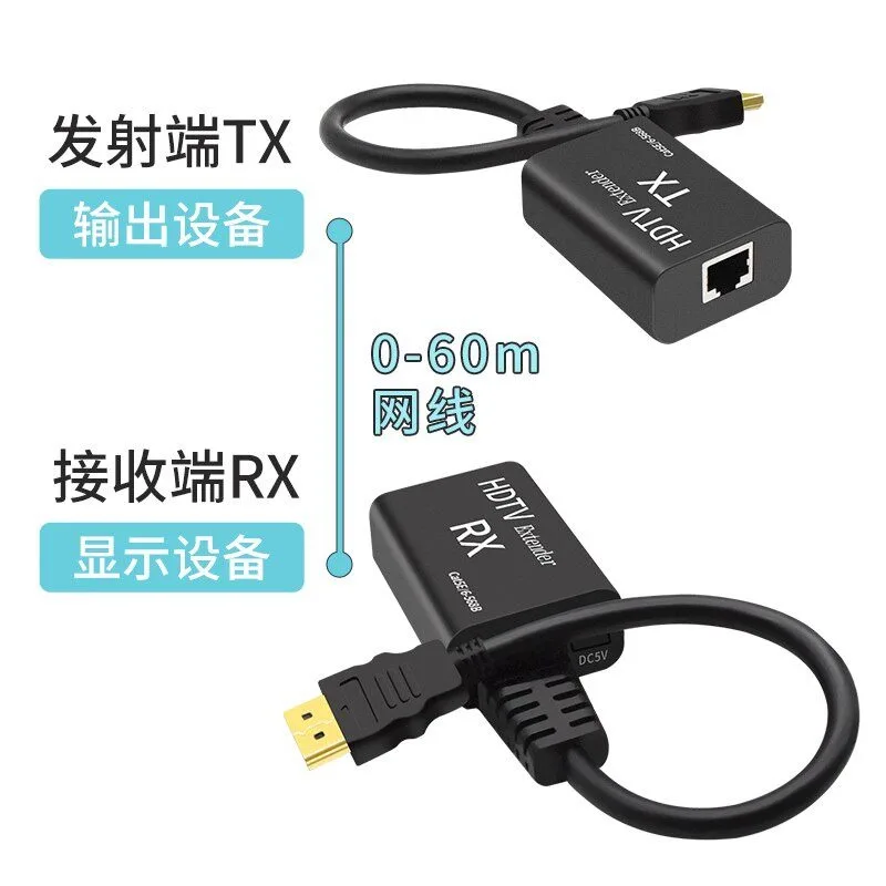 OvO Store 60/150m HDMI Single Cable Extender with Extension Cable, Unilateral Power Supply HDMI Twisted Pair Transmitter