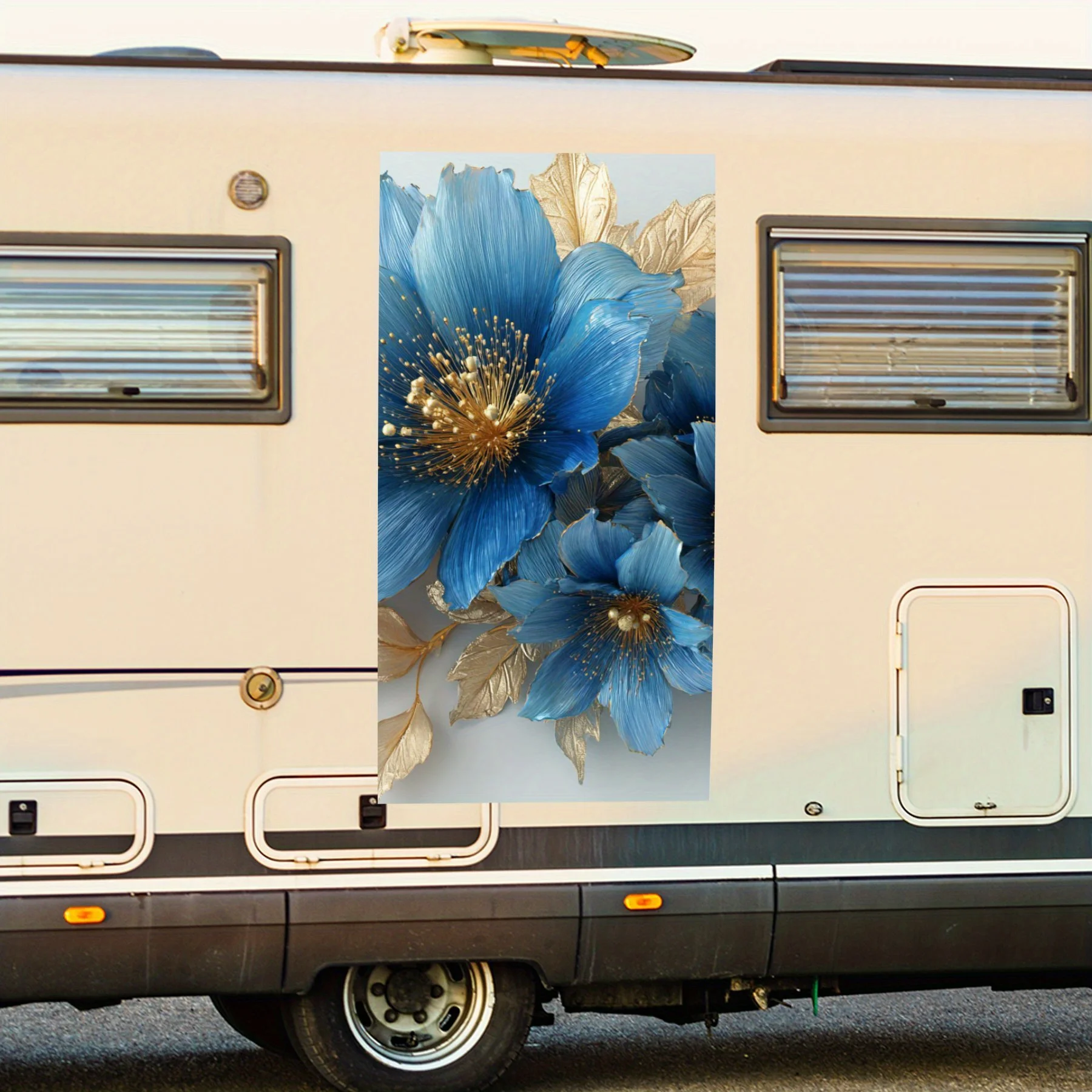 

Синие цветы с золотыми листьями, автомобильная наклейка, водонепроницаемая виниловая наклейка для стороны автофургона, самоклеящиеся наклейки для украшения и защиты R