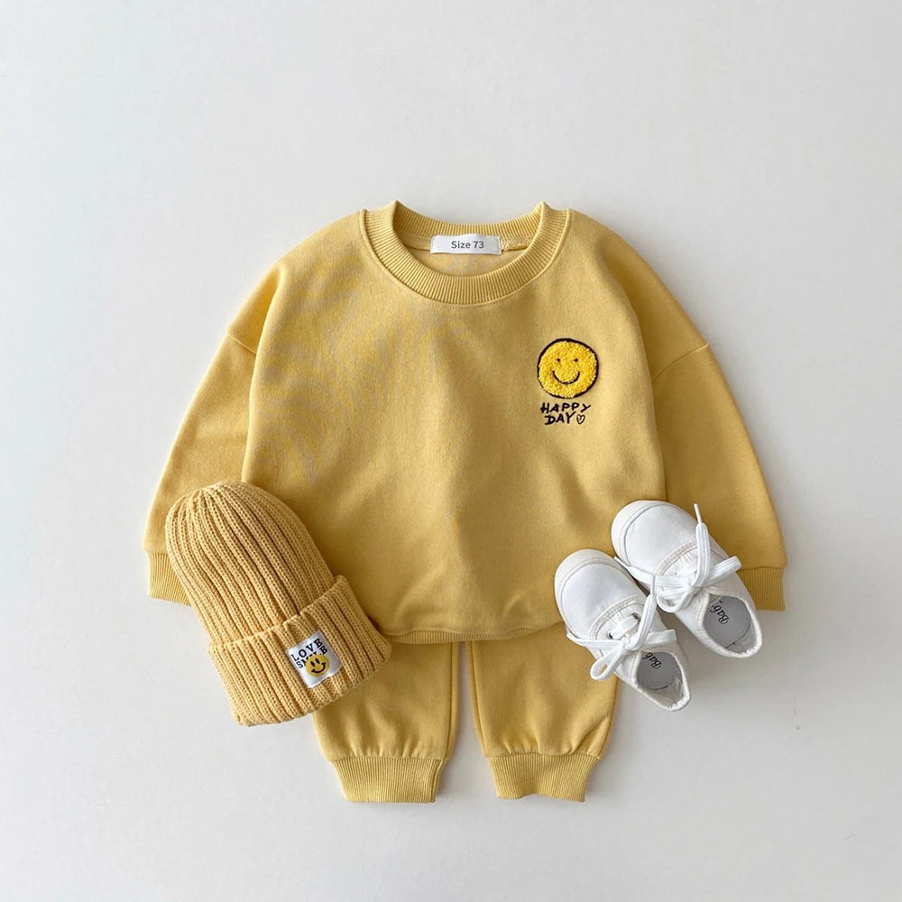 2022 Baby Clothing Set Healthy Cotton Smiley Face Boys Hoodie Suit Toddler Girls Clothes Set 2Pcs Sweater Tops+Jogger Pants Set