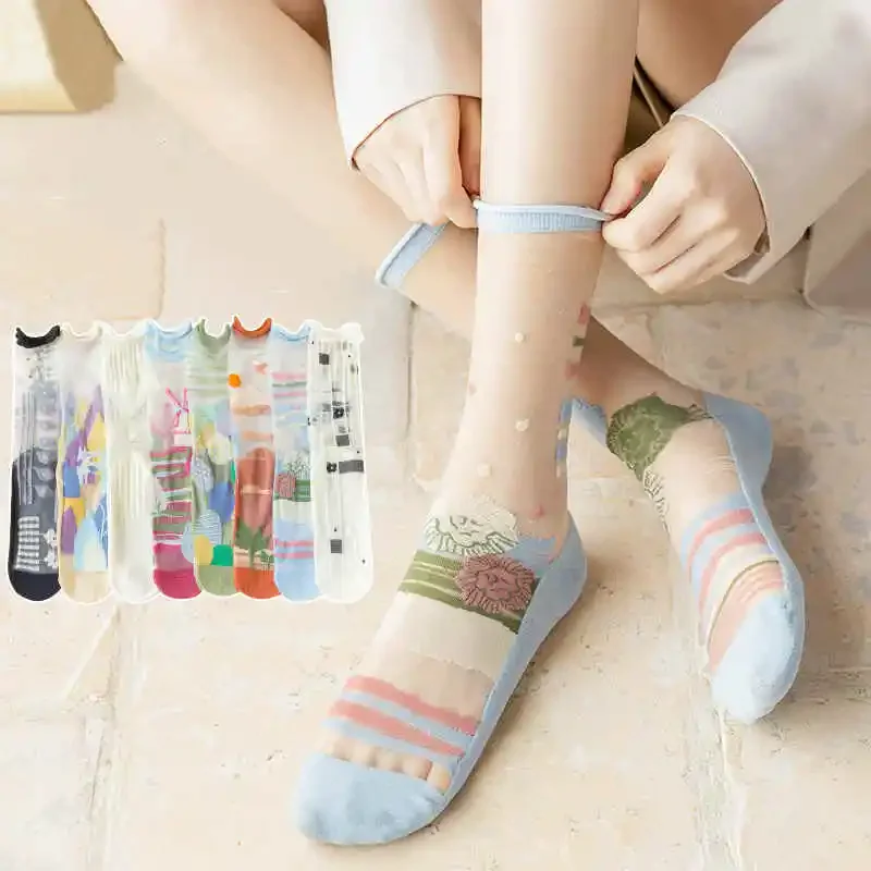 

Ultra-thin Transparent Nylon Long Socks Women Summer Thin Breathable Crystal Silk Socks Korean Fashion Printing Glass Silk Socks