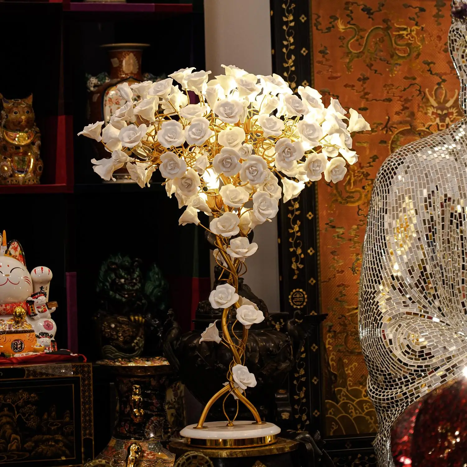 Lampu Lantai Pohon Daun Ginkgo Besar Mewah untuk Lobi Vila Hotel Desainer Artistik Perancis Bunga Tinggi Mawar Lampu Berdiri Penerangan