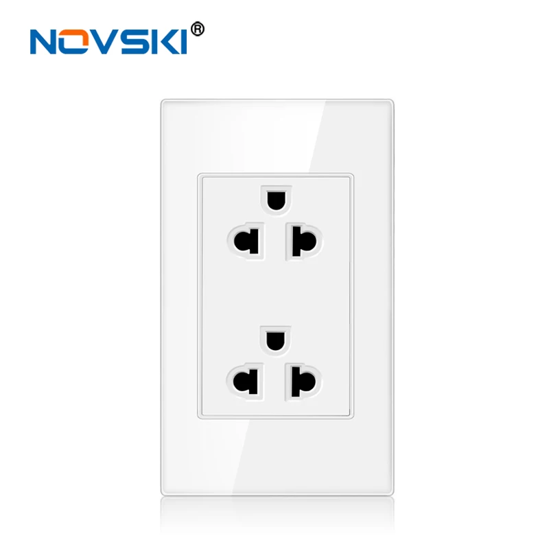 NOVSKI 2.5D Glass White Wall Socket Multi-Function,15 Amp US Standard Socket Duplex Receptacle, 110v-127v-250v Adaptable