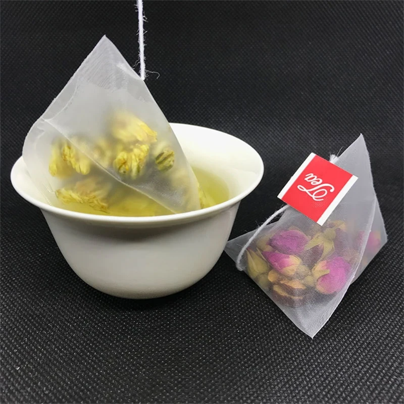 100 Pcs Disposable Pyramid Tea Bags Filter Bags for Tea Infuser with String Food Grade Nylon Fabric Spice Filters Teabags