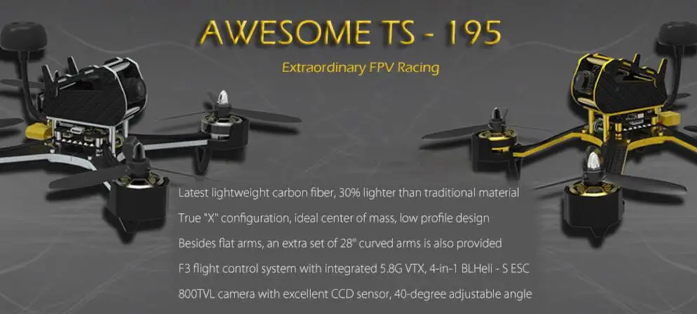 

Awesome TS-195 195mm 3.5mm Thickness 28 Degree Curved Arm 5inch Carbon Fiber Frame Kit for FPV Racing Drone