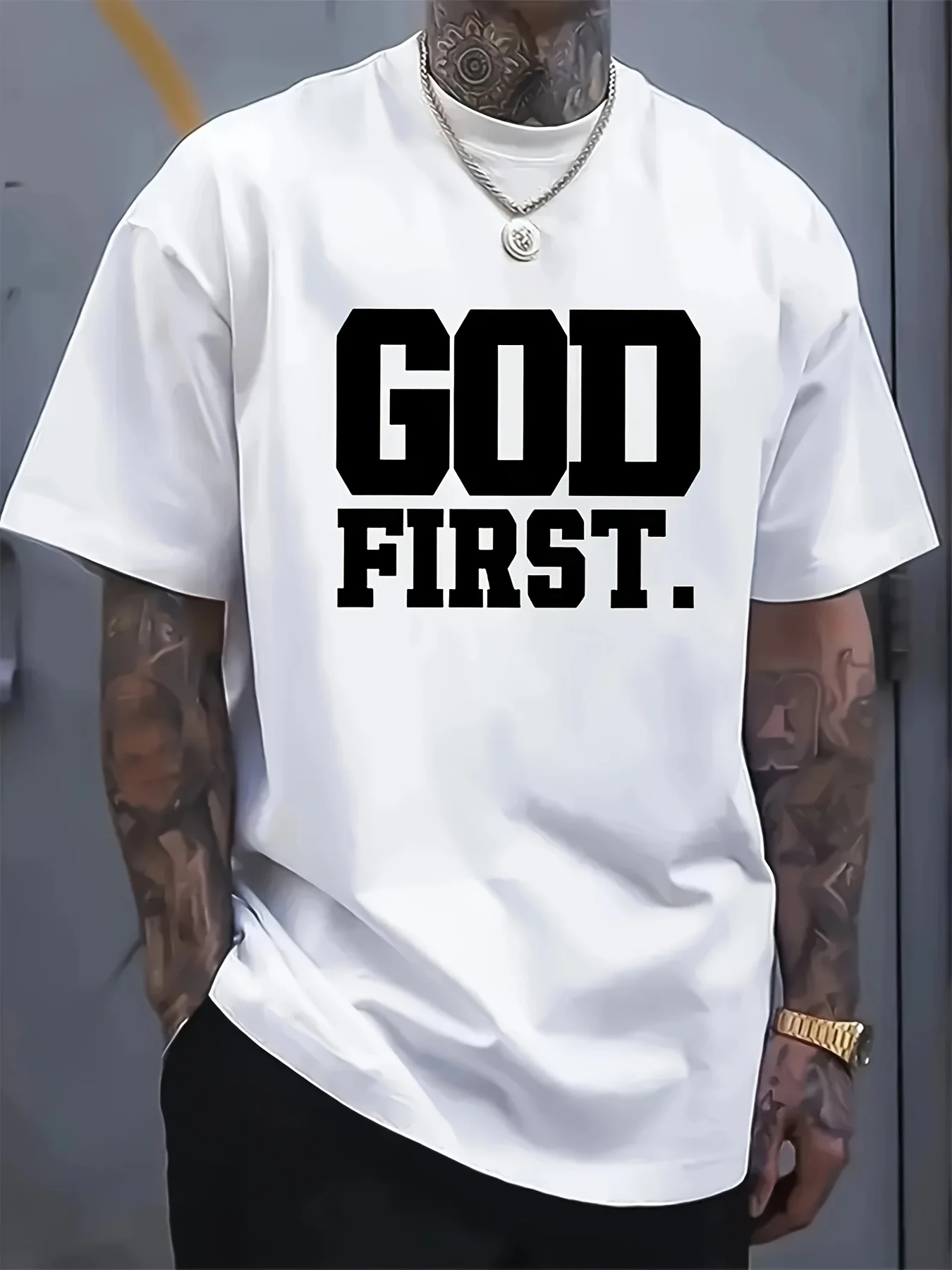 

"GOD FIRST" Print T-Shirt 100% Cotton O-Neck Short Sleeve Summer Casual Mens T-shirt Streetwear