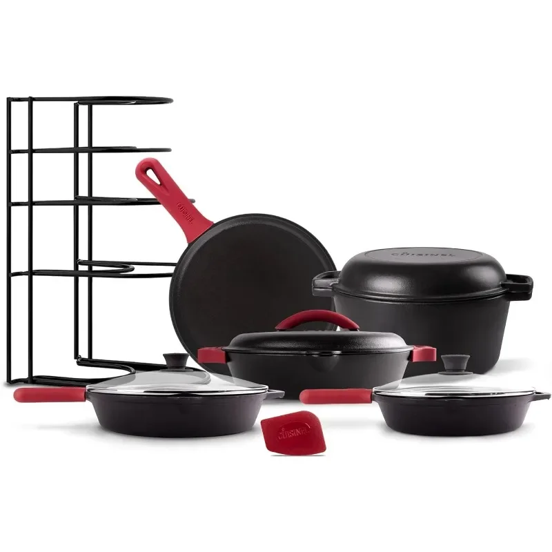 

Cast Iron 17-Piece Preseasoned Cookware Set - 8"+10" Skillets + Lids + 5-Quart Dutch Oven + 12" Braiser with Cast Iron Lid