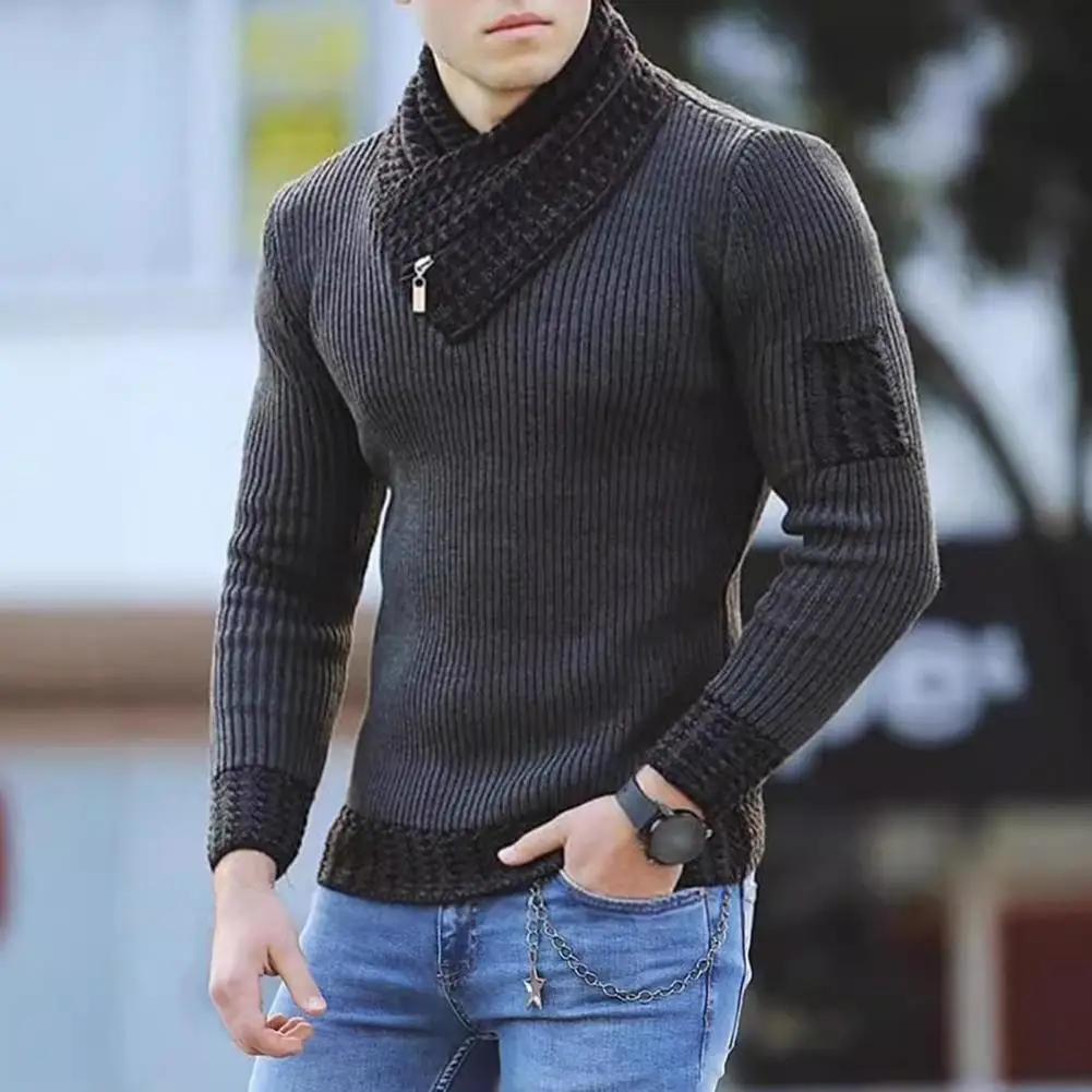 Men Winter Sweater Zipper Decor Knit Elastic Sweater High Collar Neck Protection Casual Patchwork Mid Length Top