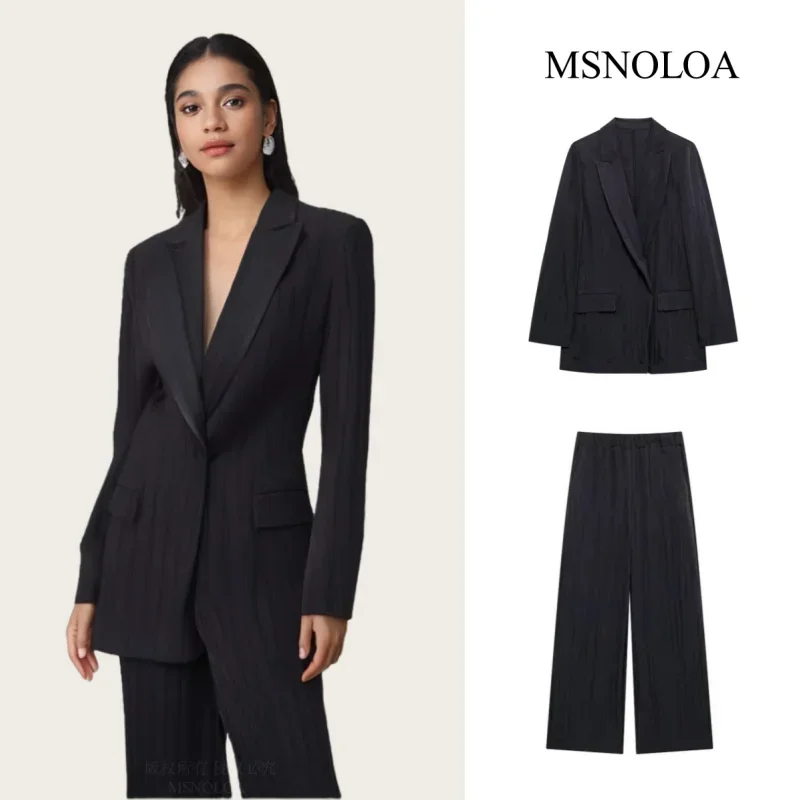 2024 Autumn New Women's Fashion Commuter Wrinkle Effect Open Collar Suit Coat Wrinkle Effect Wide Leg Pants Set