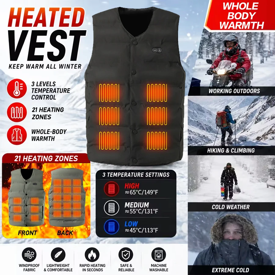 Unisex V-Neck Button Heated Vest 21 Heating Zones USB Electric Heating Waistcoat 3 Temperature Control Windproof Thermal Sleevel