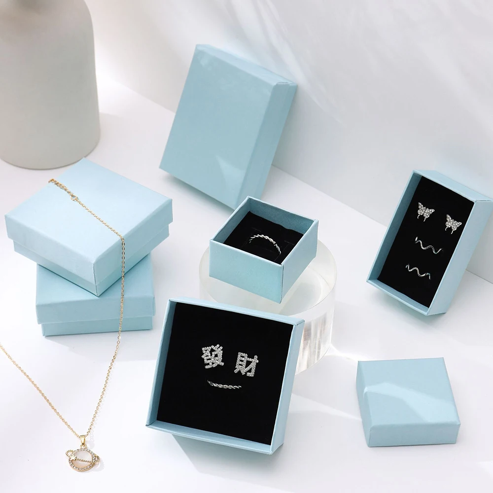 12pcs 9x9x3cm Light Blue Luxury Kraft Gift Box Ardboard Paper Bracelet Necklace Jewellry Boxes Packaging Rings Gift  Wholesale