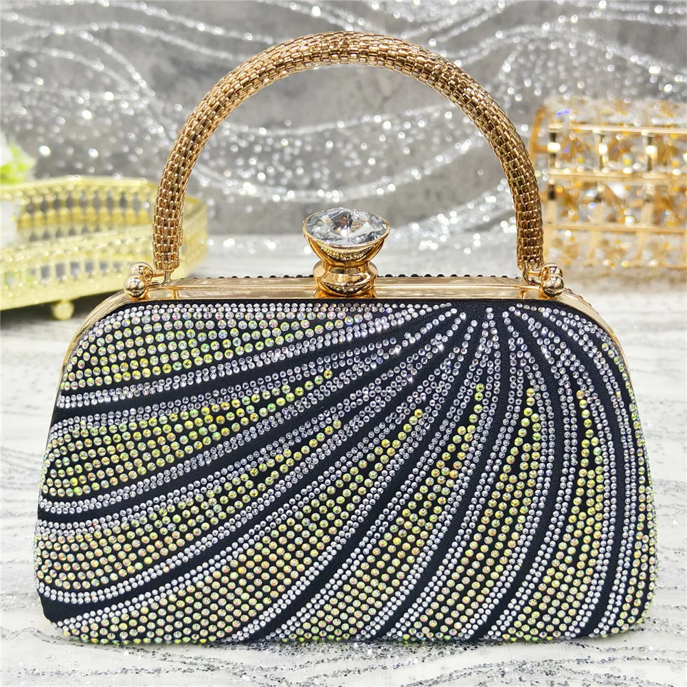 الترتر ممتاز التصميم الإيطالي حجر الراين مرصع السيدات أحذية الحفلات النساء وحقيبة نيجيريا الأسود حقيبة صغيرة حذاء نسائي بكعب عالٍ