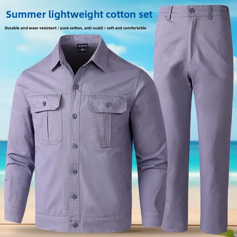 

Men's Pure Cotton Workwear Summer Thin Set Lightweight Wear-resistant Welding Auto Repair op Labor Protection Work...