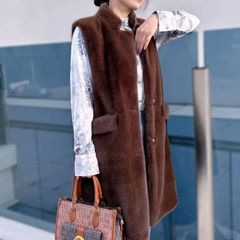 Fashion Women Golden Mink Cashmere Fur Women's Coat Autumn Winter Medium Long Style Loose Warming Thick Stand Collar Big Vest