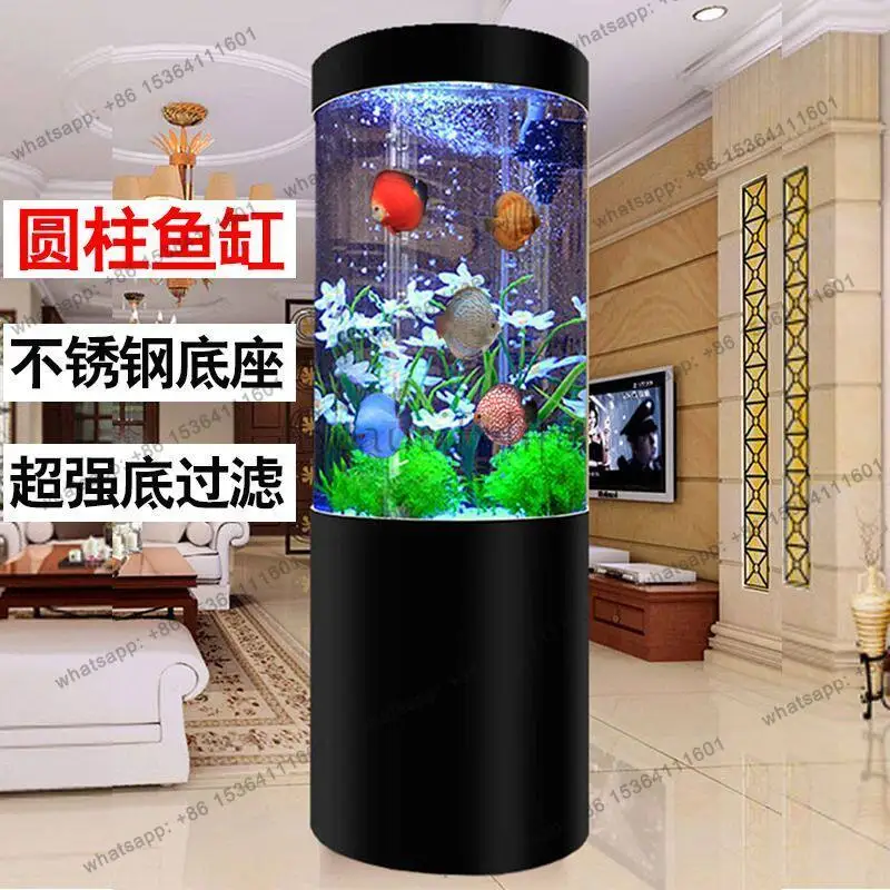 Cylinder glass fish tank, living room, large floor-to-ceiling vertical aquarium bottom filter, no water change