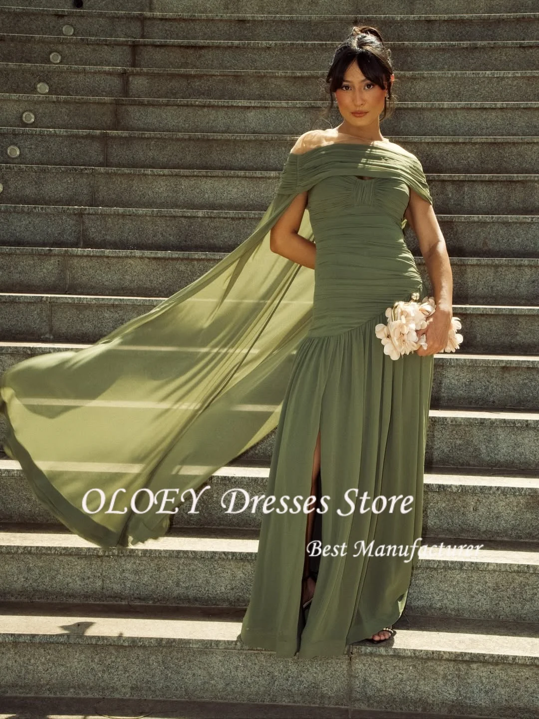 OLOEY A-Linie Schulterfrei Ball Abendkleider Split Maxi Partykleid Chiffon Nacht Cocktail Ballkleider Maßgeschneidert