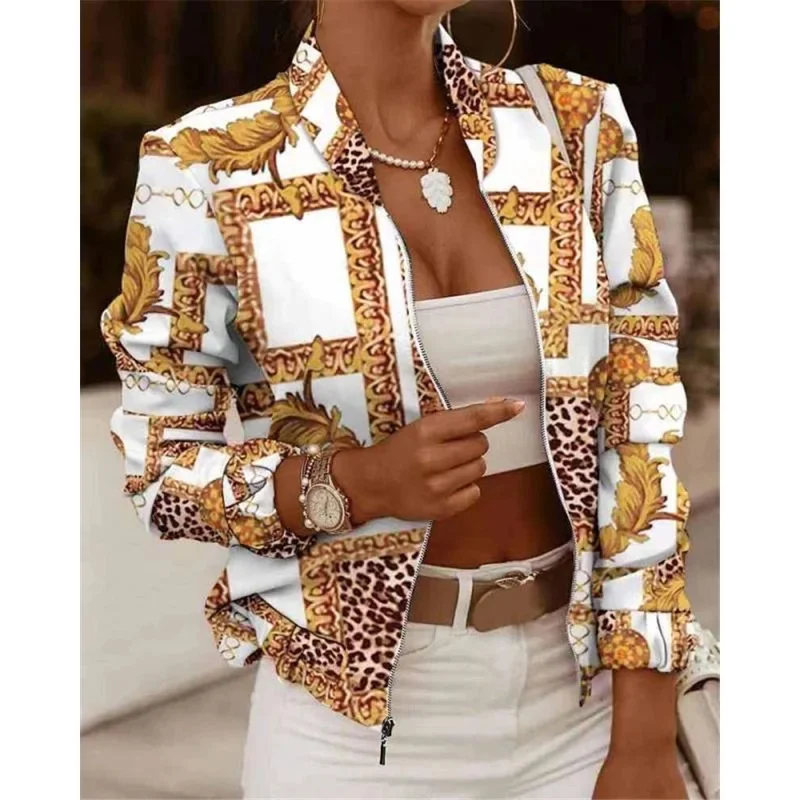 プリントボンバーバイカージャケット女性の春秋花柄カジュアル長袖ポケットストリートウェアコート女性ジッパースリムアウター