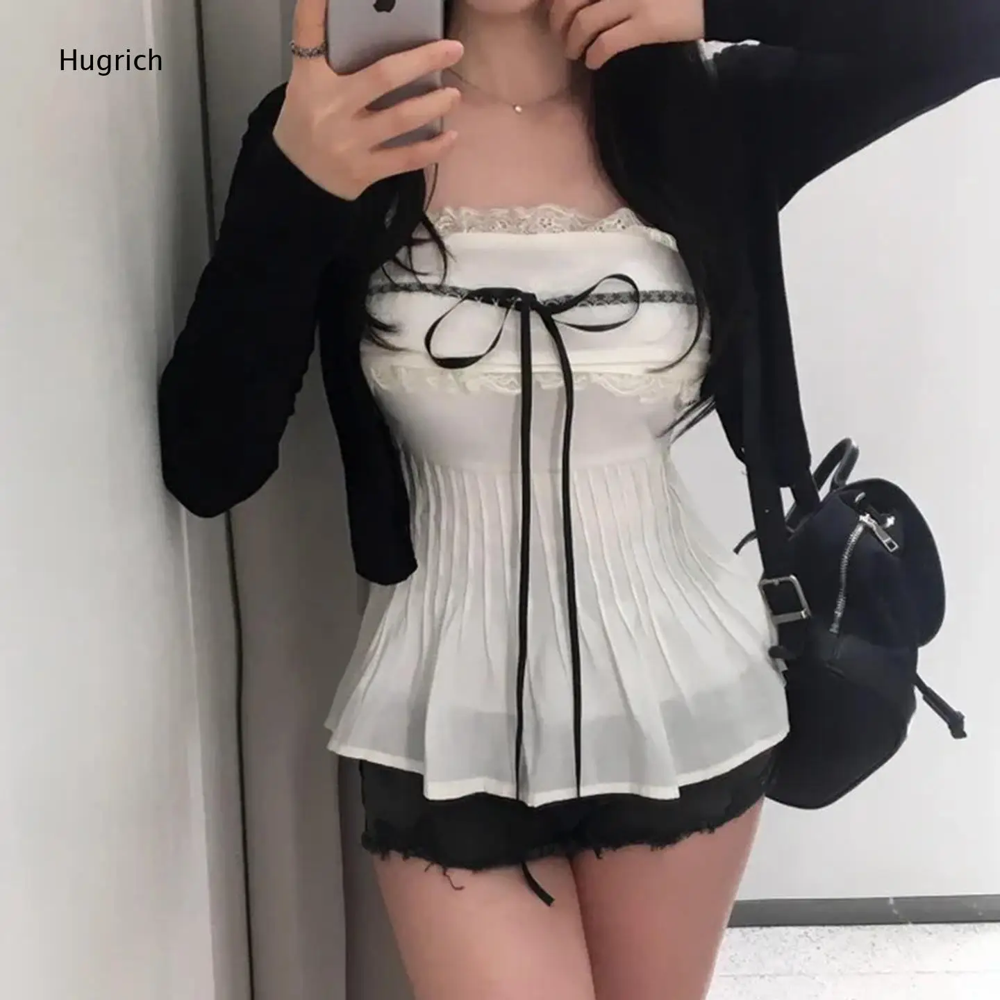 White Vertical Pleated Tube Top Lace Trim Neckline Black Ribbon Bow Front Slim Waist Flared Hem Camisole