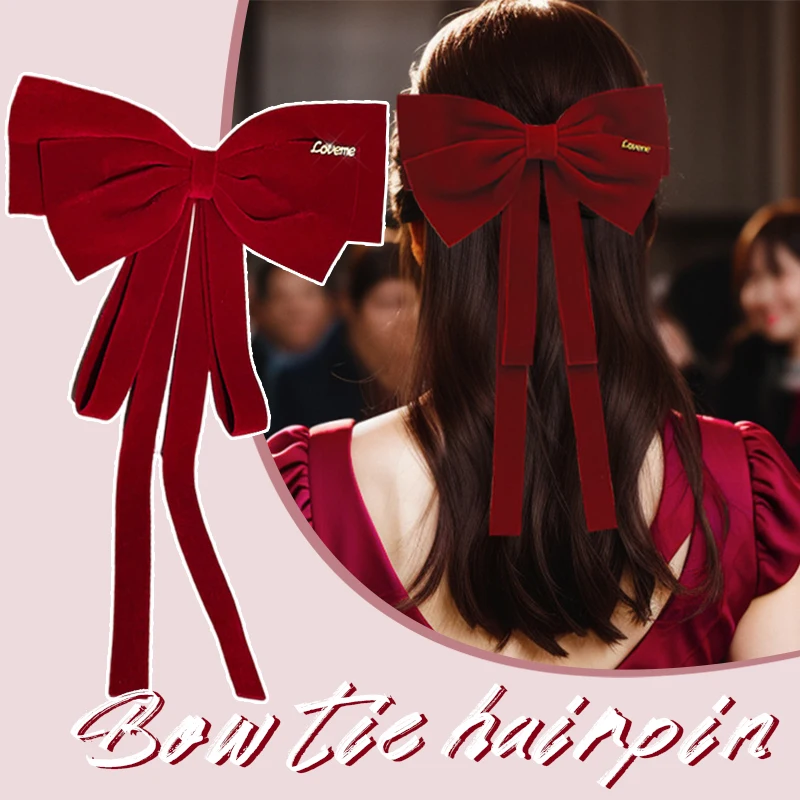 Chinese Style Elegant Red Streamer Large Bow Ribbon Hair Clip for Women Fashion Simple Solid Satin Bow Hairpin Hair Accessories