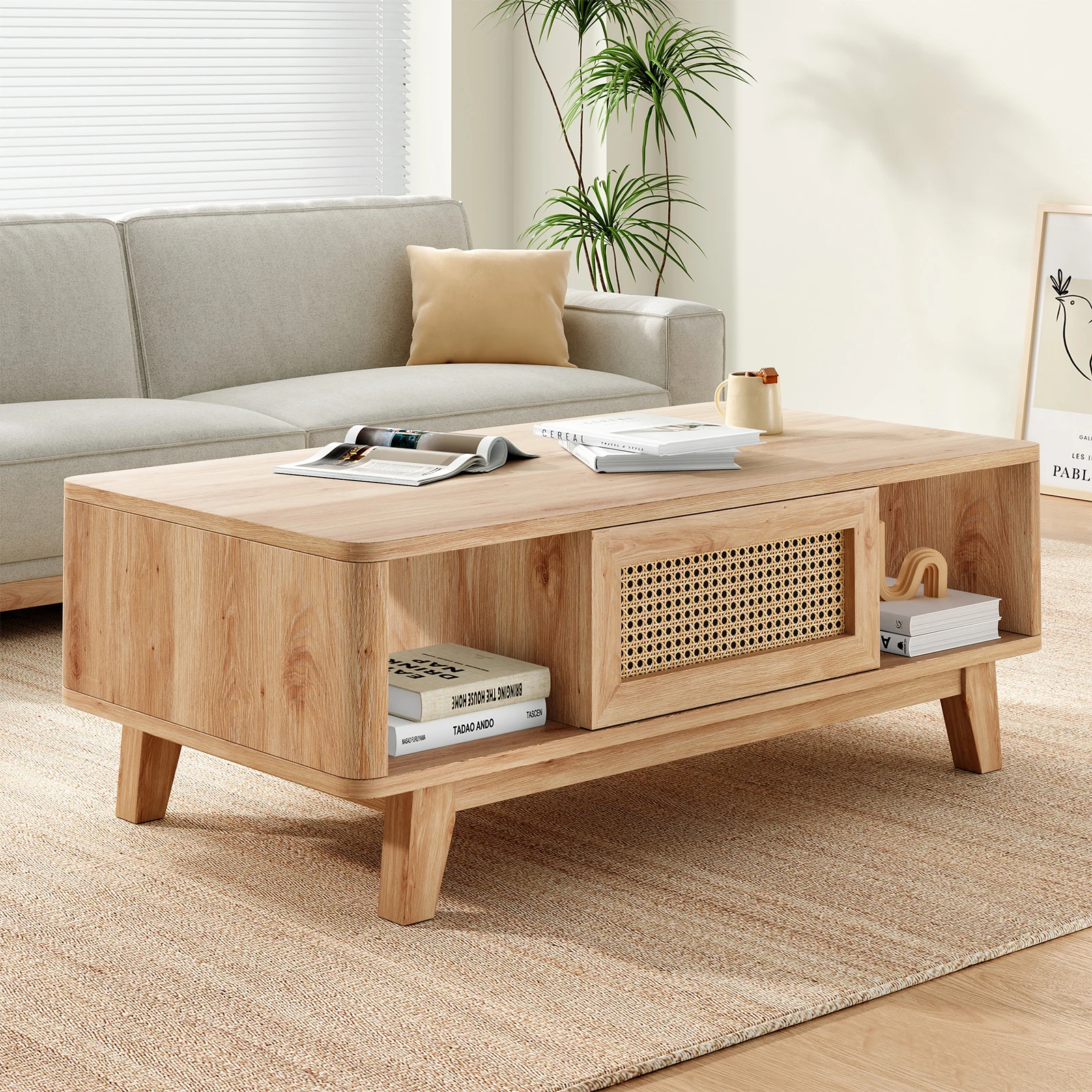 

Журнальный столик Farini в стиле Mid-Century Modern с выдвижным ящиком из ротанга, деревянный стол для хранения вещей для гостиной, мебель для дома в стиле фермерского дома