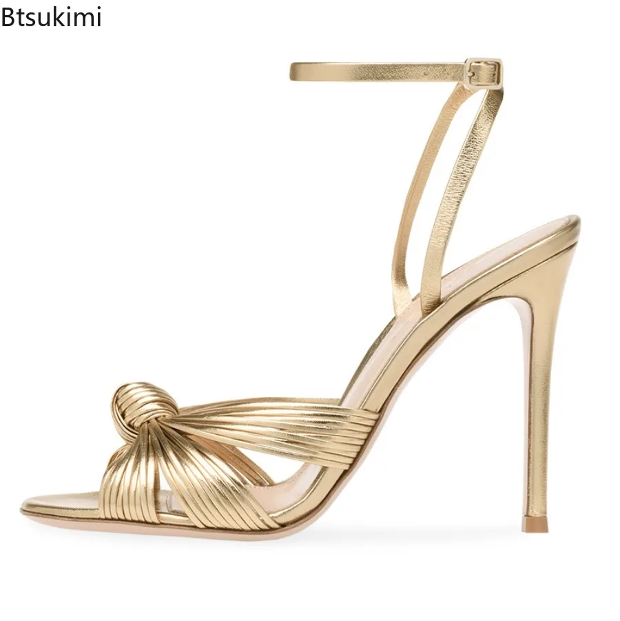 Women's Gold Color Stiletto Heel Sandals One Word Belt Round Toe Slingback Ankle Strap PU Sandals for Women Party Large Size 46