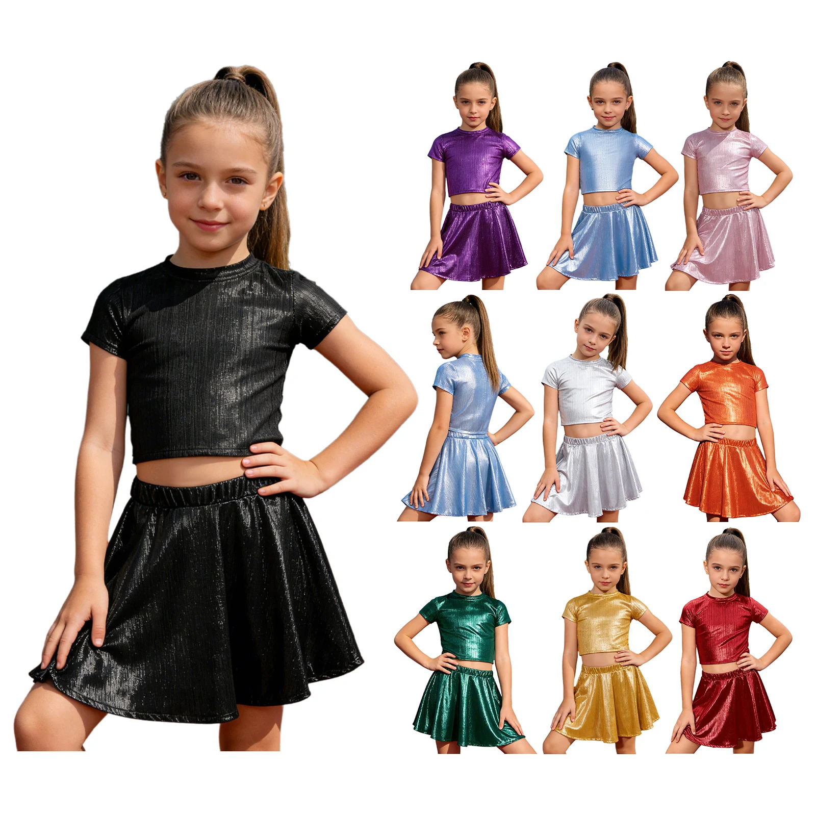 Kids Girls Jazz Dance Hip Hop Sets Metallic Ribbed Dance Outfit Short-sleeve T-shirt with Skirt for Streetwear Dance Showcase