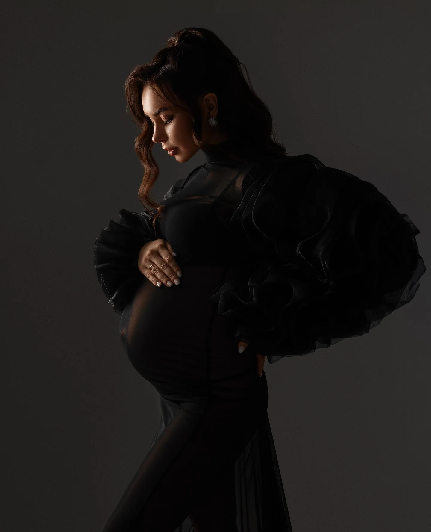 قوية سوداء شير فستان حمل التقطت الصور الكشكشة تول طويلة الأكمام الوهم تمتد استحمام الطفل فساتين فستان الحمل #3