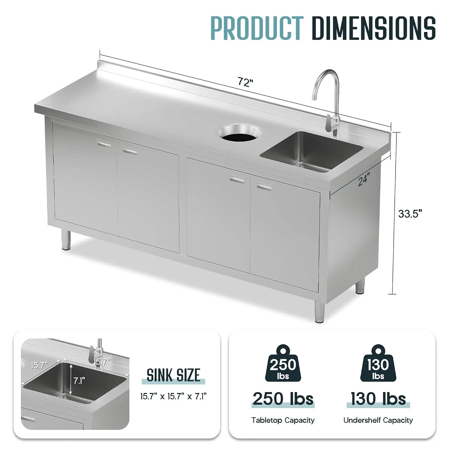 72 x 24 x 33.5 Inch Stainless Steel Utility Sink, Utility Sink Workstation with 360° Hot & Cold Faucet, Large Storage Cabinet