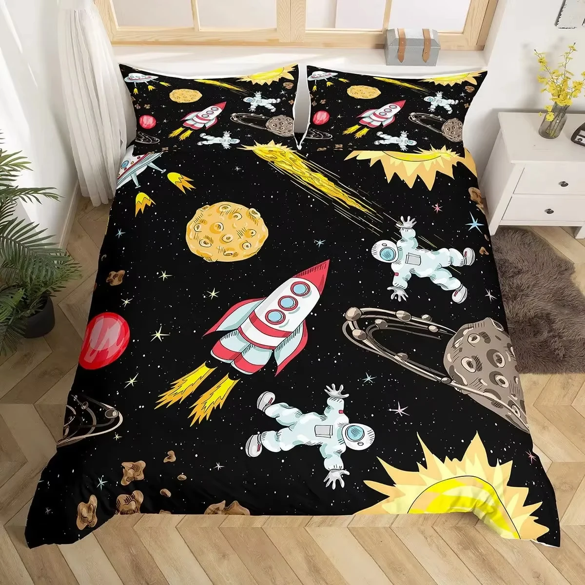 Modern Rocket Ship Duvet Cover Set Space Ship Galaxy Bedding Set Kids and Teenagers Rocket Planet Star Cartoon Comforter Covers