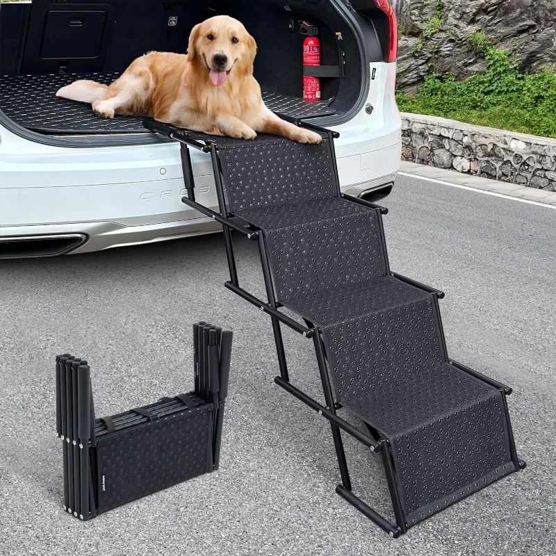 Portable Car Pet Ramp Foldable Vehicle Access Step with Non-Slip Surface Adjustable Slope Ladder Aluminum Alloy Assist Stairs