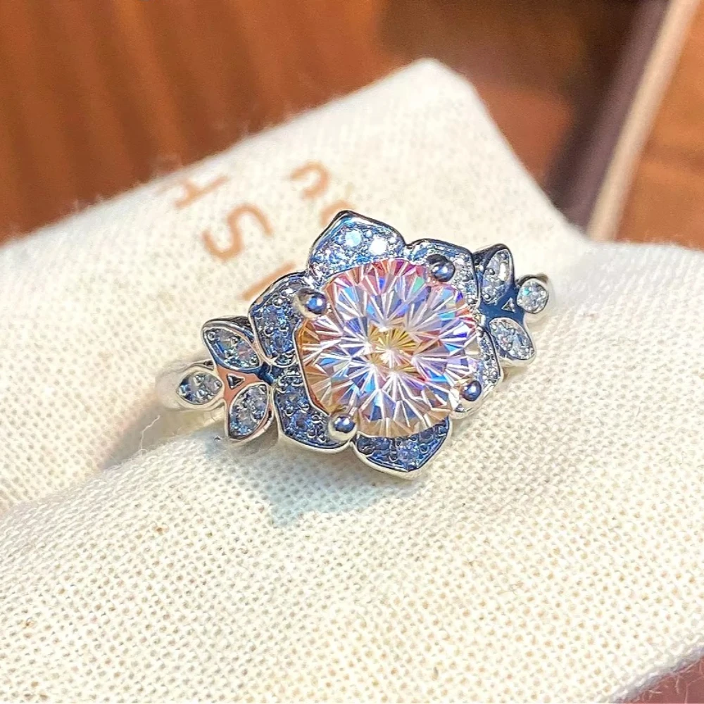 Fashion 925 silver luxury style ultra-shiny mint green ring with micro-set diamonds, flower-shaped diamond ring for women