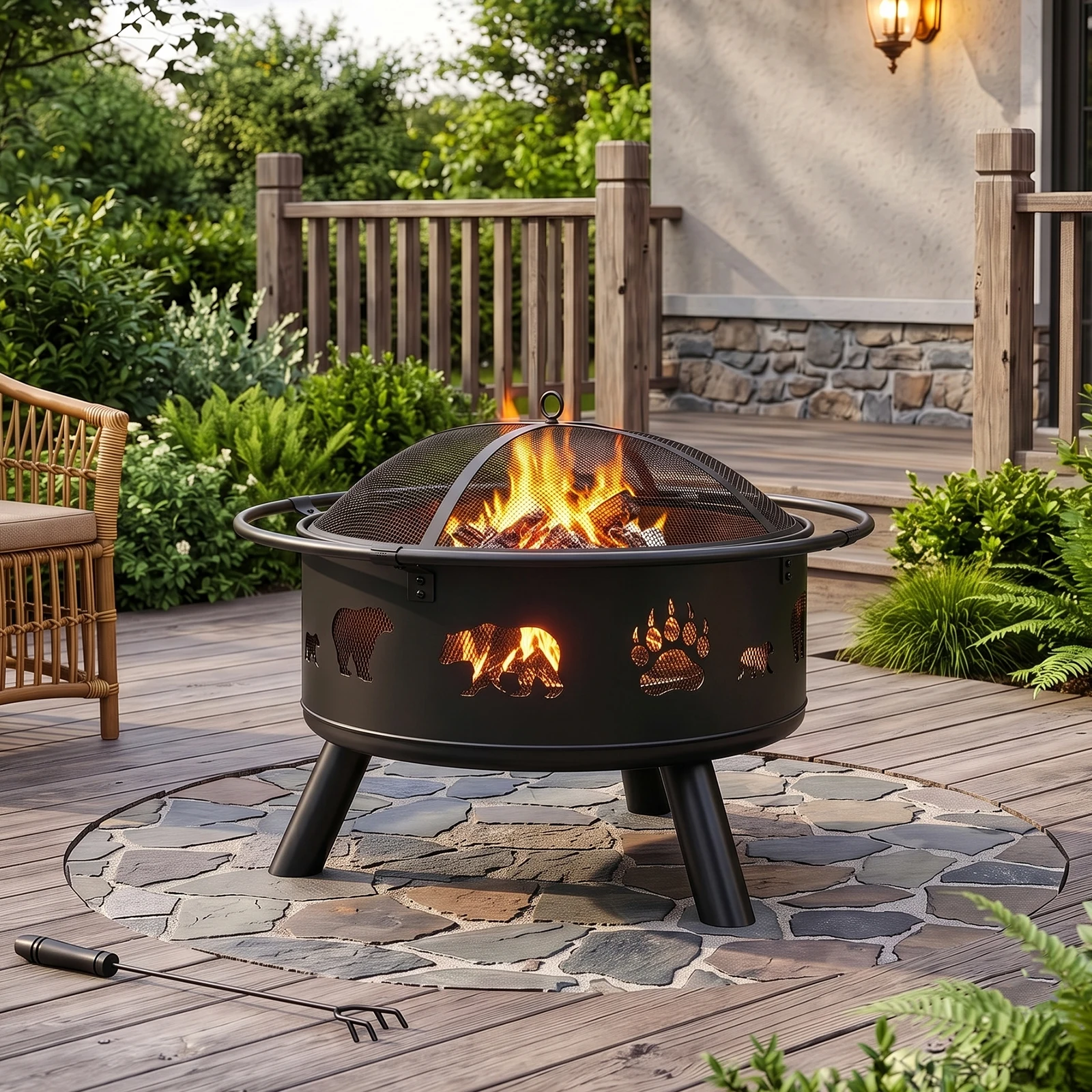 30in Round Wrought Iron Fire Pit with Bear Cutout Wood Burning Hinged Spark Screen Lid Lift Ring Poker - Backyard Patio Garden Camping