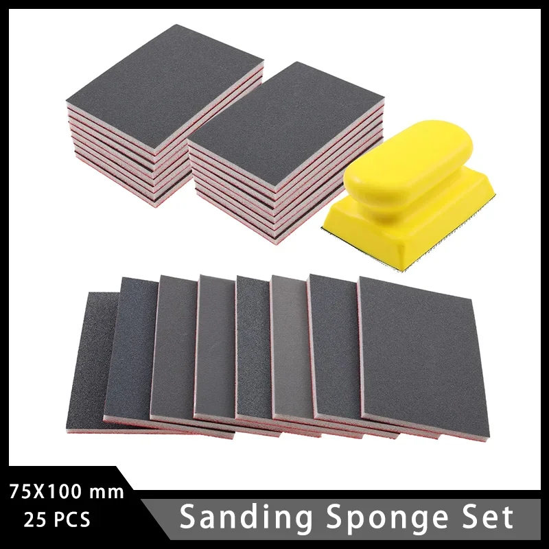 75X100 mm Sanding Sponge Set 25 Pcs with Hand Sanding Block Assorted 180-3000 Grit for Metal Wood Drywall Auto Repair Polishing