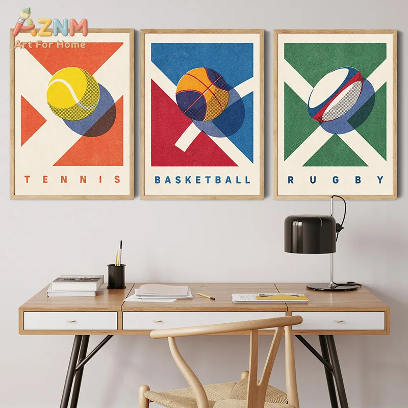 AZNM Retro Sports Ball Canvas Wall Art Geometric Basketball Football Tennis Print Frameless Canvas Painting Boys Room Decor Post