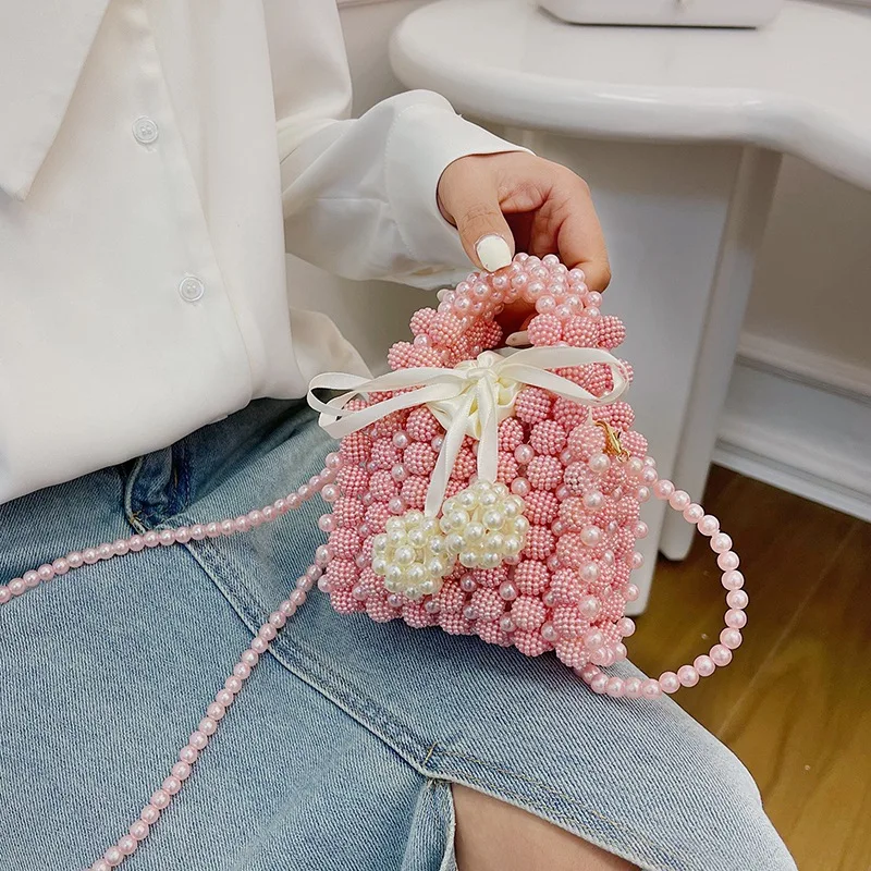 

Женская маленькая сумка-ведро с жемчугом, тканая сумка через плечо с бисером, вечерняя сумка для монет, стильная коробка для стильных женщин