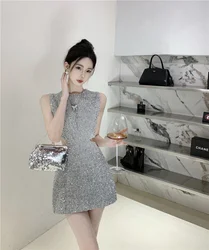 2023 Summer Luxury Prom Dress Women Crew-neck Sleeveless Slim Hollow Out Sexy Mini Frocks Zipper Sequins Design Party Evening