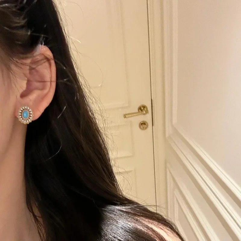 أقراط الفيروز الكلاسيكية للنساء قلادة قصر نمط أنيق الرجعية الخفيفة الفاخرة القطع الناقص الزهور مجموعات المجوهرات #4