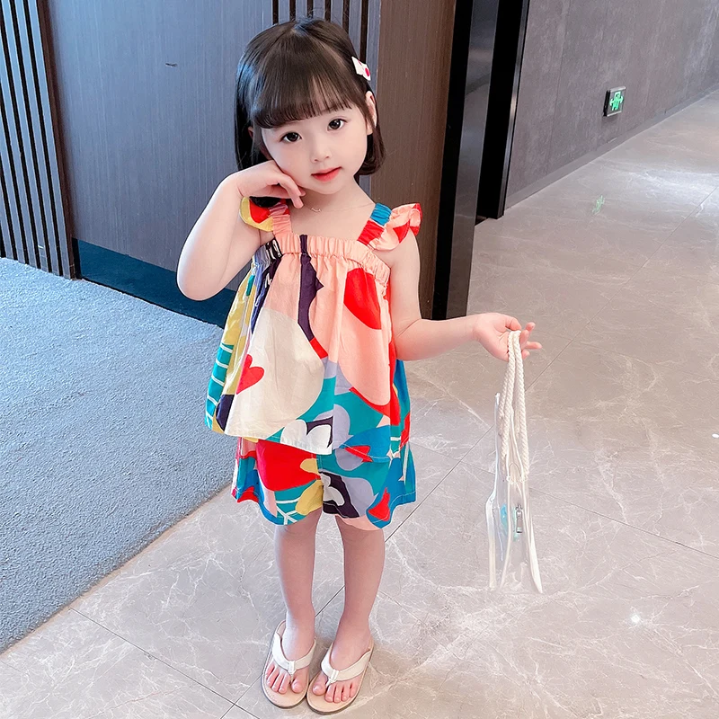 Summer Fashion Baby Girl Clothes Set Color Suspender Top Floral Print Vest+ Casual Shorts Pants 2PCS Infant Girl Clothing Suit