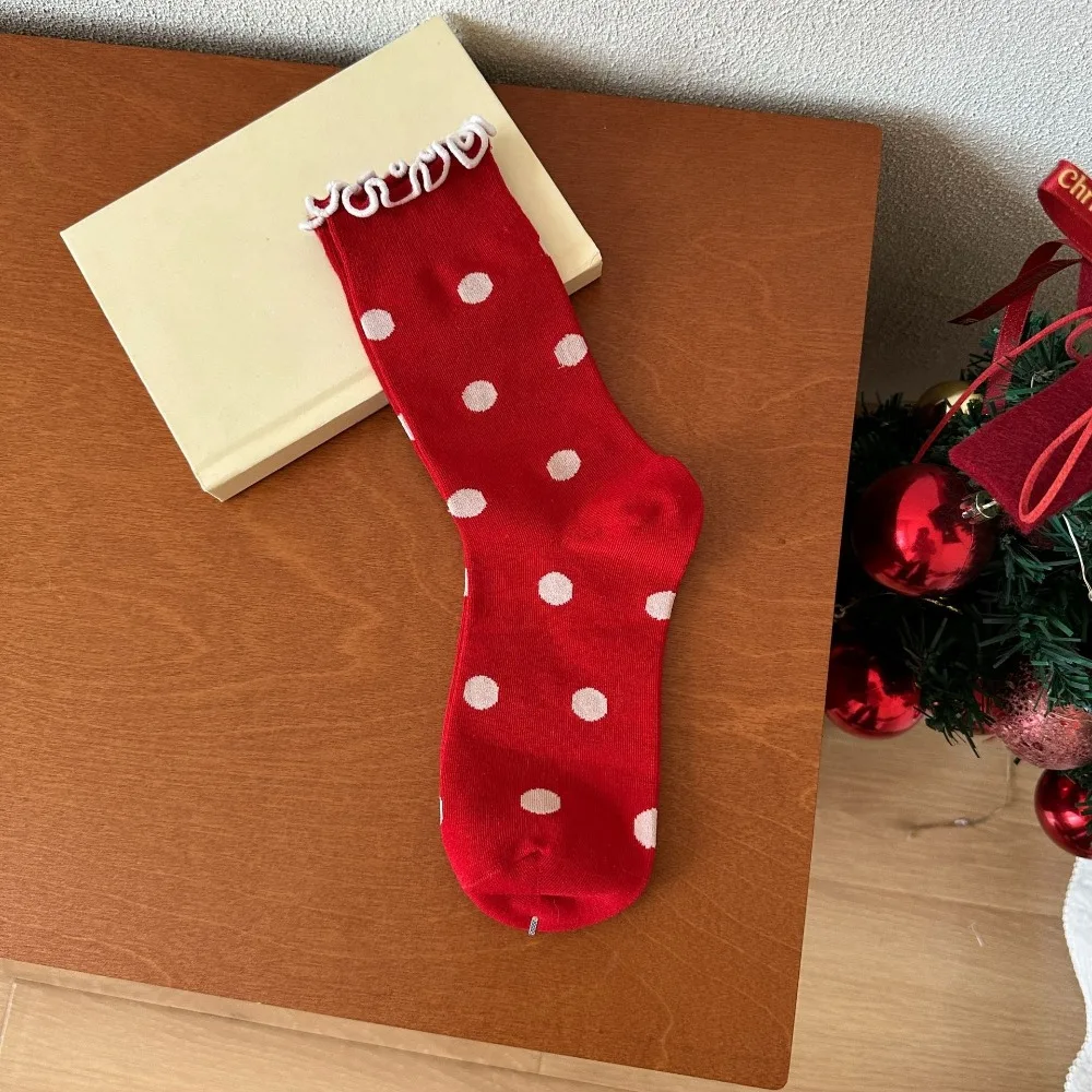 

Bow Combed Cotton Red Socks Breathable Soft Heart Polka Dot Socks Fashion Comfortable Flower Socks Lunar New Year