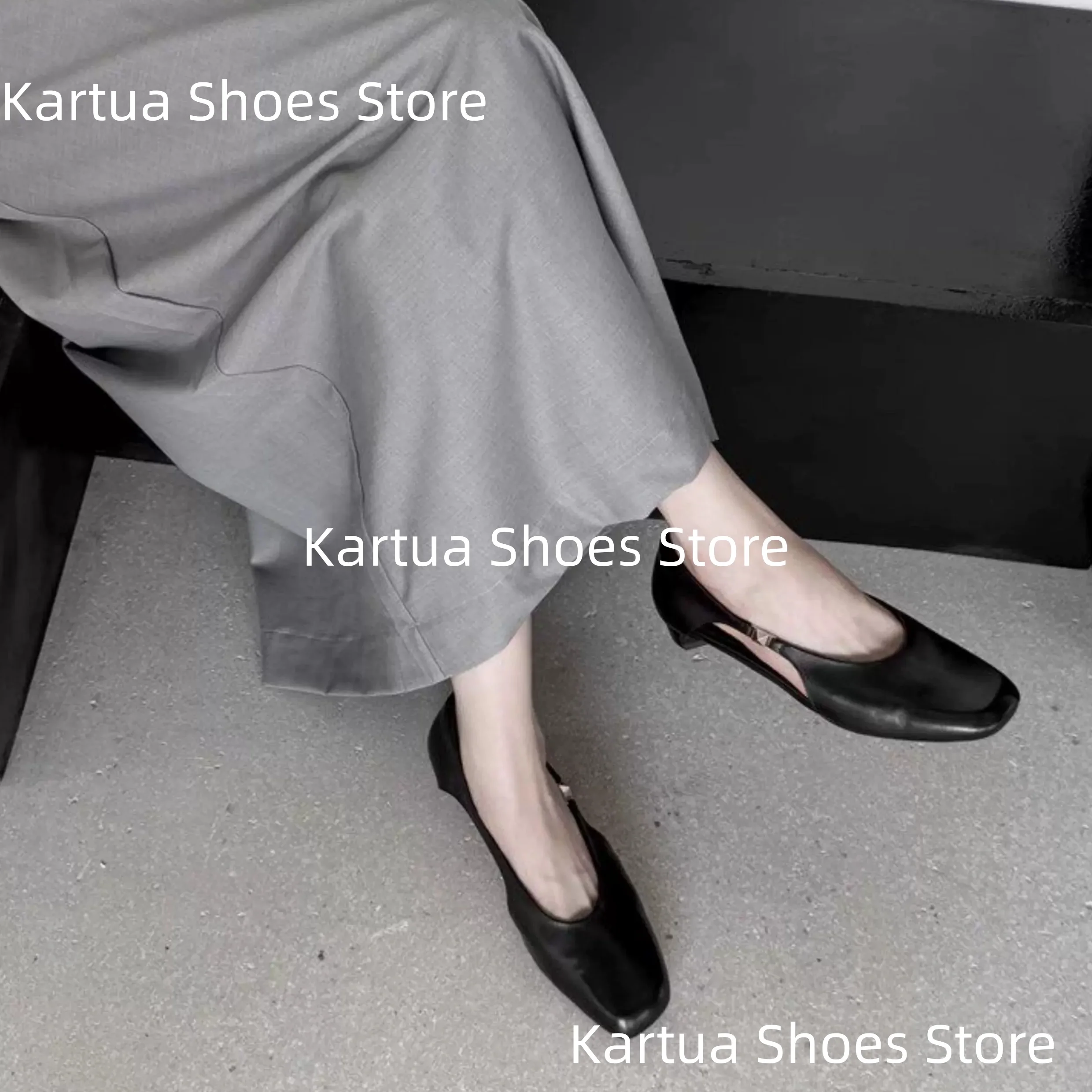 Women's Black Leather Cut-Out Square Toe Low Heel Mary Jane Pumps Metal Buckle Slip-On Design Ladies Casual Office Street Shoes