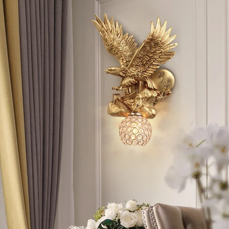 Gold Eagle Wall Lamps Nordic Resin Animal Crystal Wall Light Bedroom Living Room Bedside Wall Sconce Decor Mirror Light Fixtures