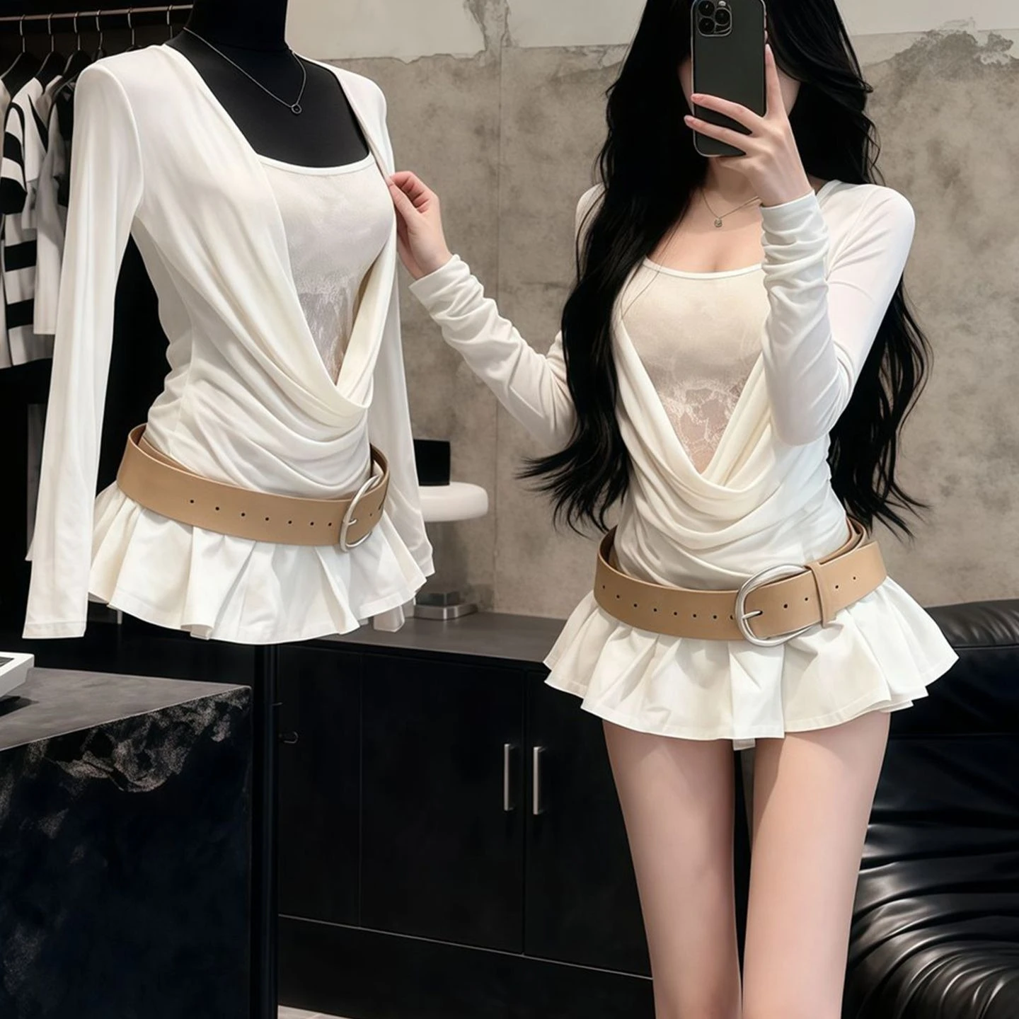 Conjuntos de Vestidos Casuales Y2K de 2 Piezas para Mujer 2026: Mini Vestido Sexy Americano + Camisetas Transparentes, Trajes Vintage de Moda Coreana