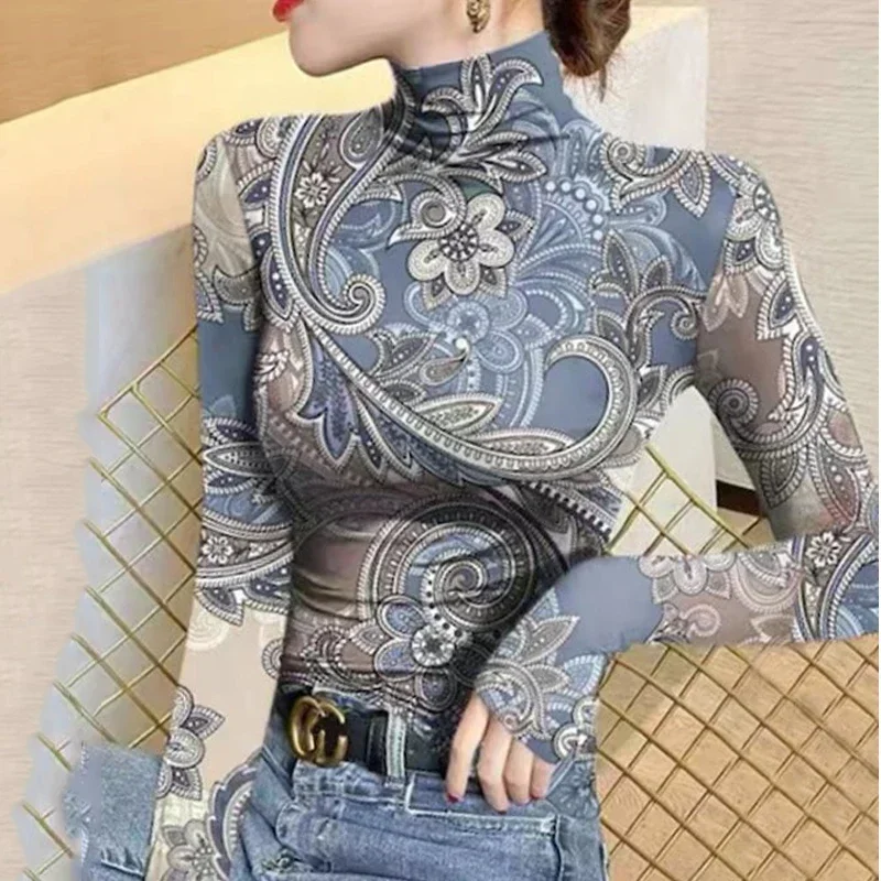 Damskie bluzki z golfem, nowe, z kwiatowym nadrukiem, obcisłe, z długim rękawem, warstwa bazowa, topy dla kobiet, jesień-zima, styl Y2k.